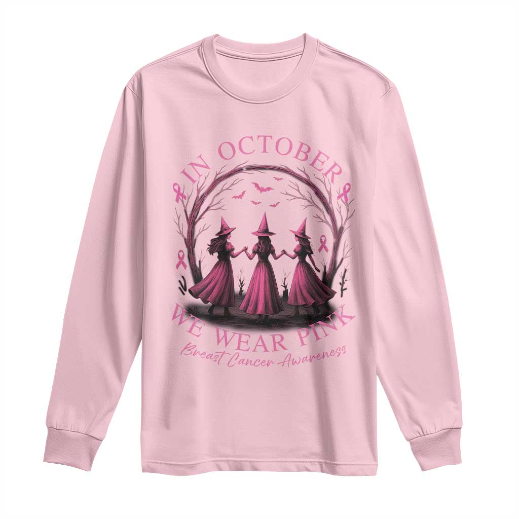 In October We Wear Pink Witches Long Sleeve Shirt Spooky Breast Cancer Witch Halloween Pink Ribbon - Wonder Print Shop