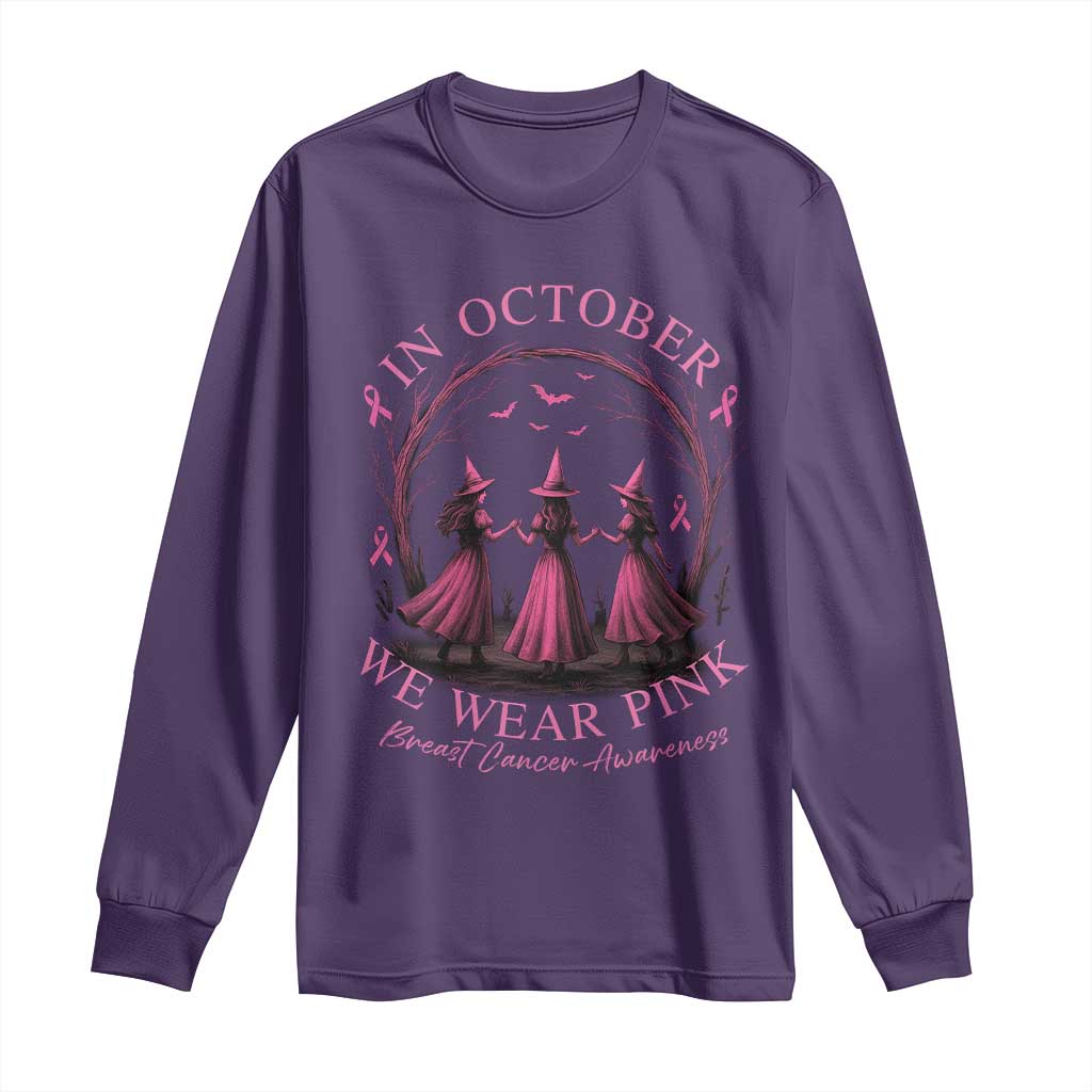 In October We Wear Pink Witches Long Sleeve Shirt Spooky Breast Cancer Witch Halloween Pink Ribbon - Wonder Print Shop