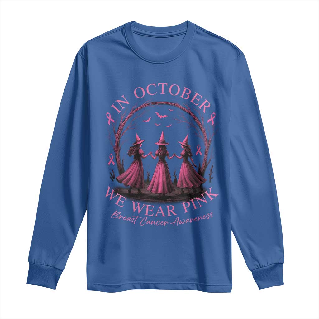 In October We Wear Pink Witches Long Sleeve Shirt Spooky Breast Cancer Witch Halloween Pink Ribbon - Wonder Print Shop
