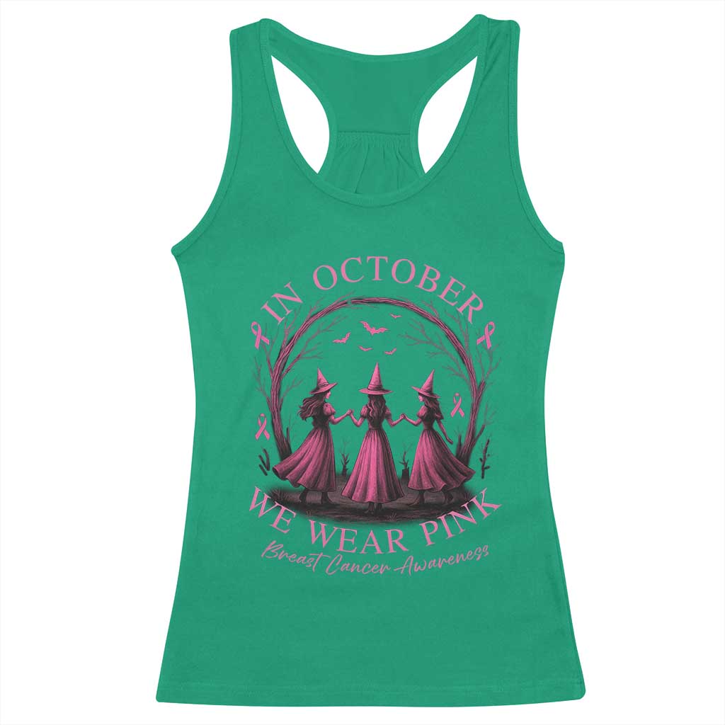 In October We Wear Pink Witches Racerback Tank Top Spooky Breast Cancer Witch Halloween Pink Ribbon - Wonder Print Shop