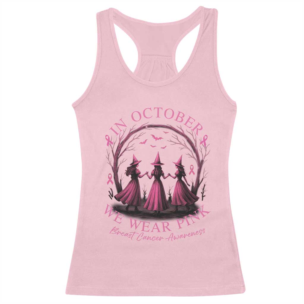 In October We Wear Pink Witches Racerback Tank Top Spooky Breast Cancer Witch Halloween Pink Ribbon - Wonder Print Shop