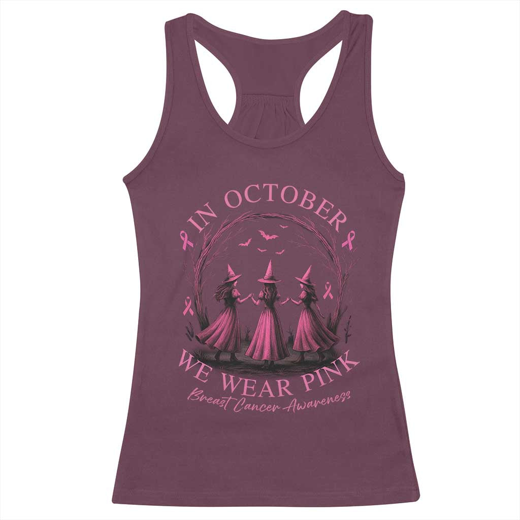 In October We Wear Pink Witches Racerback Tank Top Spooky Breast Cancer Witch Halloween Pink Ribbon - Wonder Print Shop