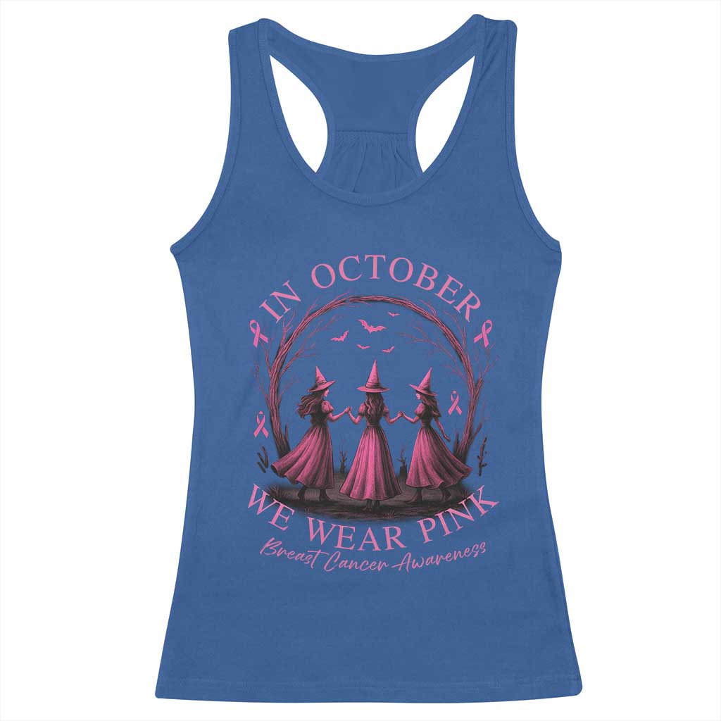 In October We Wear Pink Witches Racerback Tank Top Spooky Breast Cancer Witch Halloween Pink Ribbon - Wonder Print Shop