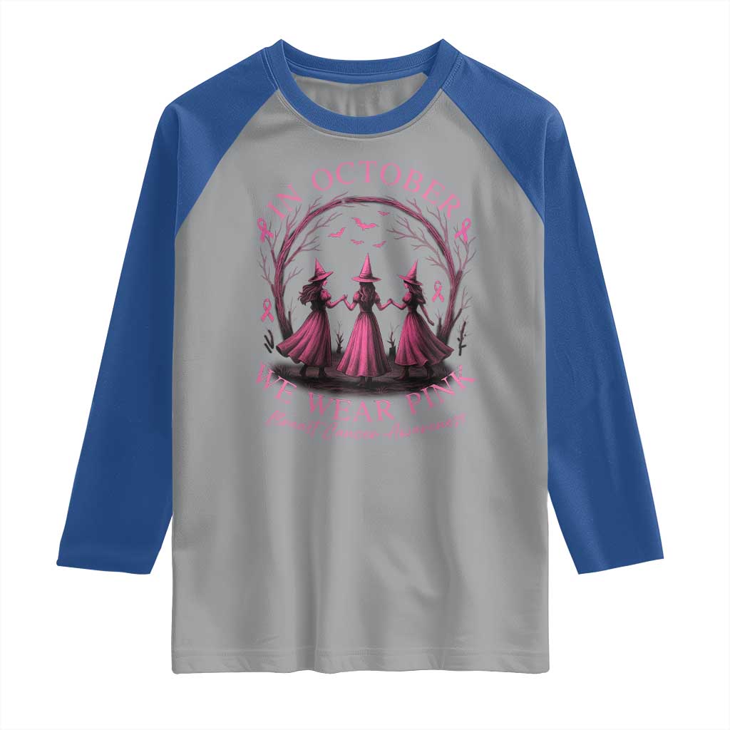 In October We Wear Pink Witches Raglan Shirt Spooky Breast Cancer Witch Halloween Pink Ribbon - Wonder Print Shop