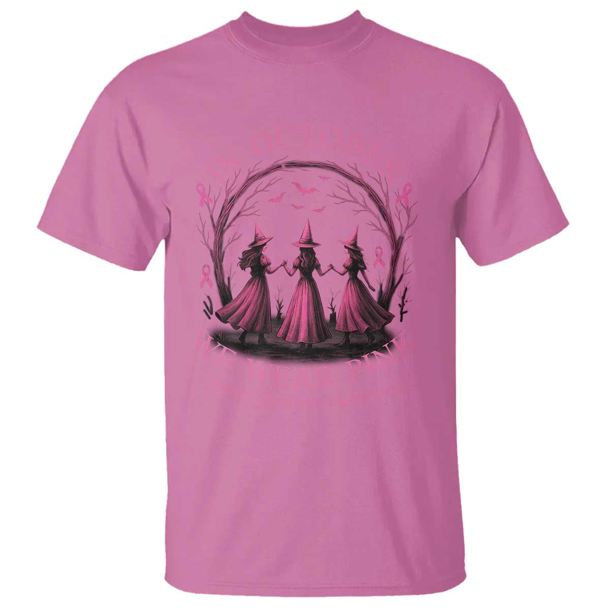 In October We Wear Pink Witches T Shirt Spooky Breast Cancer Witch Halloween Pink Ribbon - Wonder Print Shop