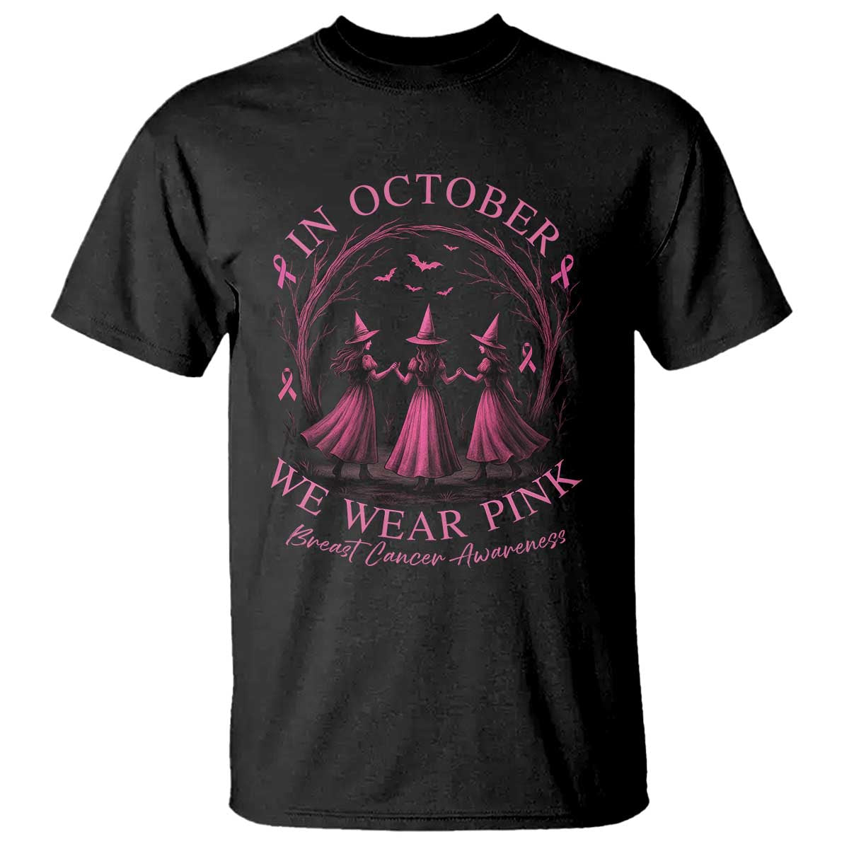 In October We Wear Pink Witches T Shirt Spooky Breast Cancer Witch Halloween Pink Ribbon - Wonder Print Shop
