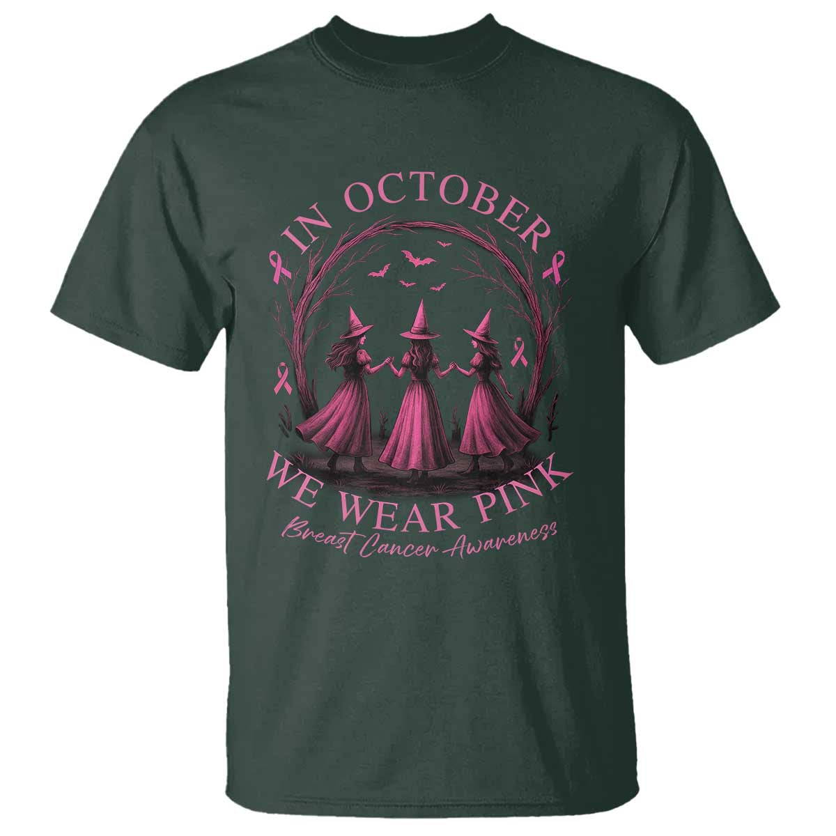 In October We Wear Pink Witches T Shirt Spooky Breast Cancer Witch Halloween Pink Ribbon - Wonder Print Shop