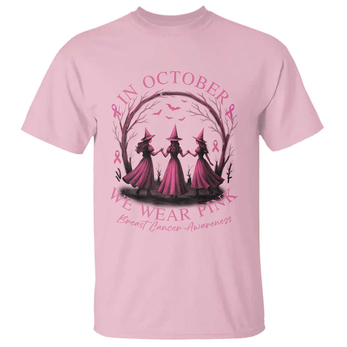 In October We Wear Pink Witches T Shirt Spooky Breast Cancer Witch Halloween Pink Ribbon - Wonder Print Shop