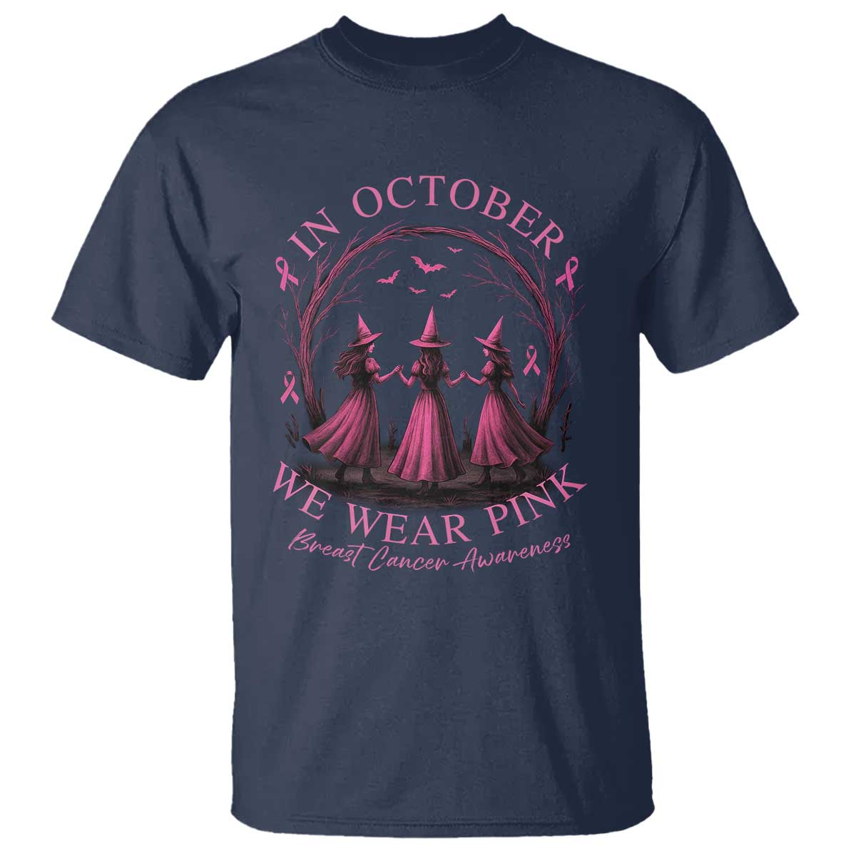 In October We Wear Pink Witches T Shirt Spooky Breast Cancer Witch Halloween Pink Ribbon - Wonder Print Shop