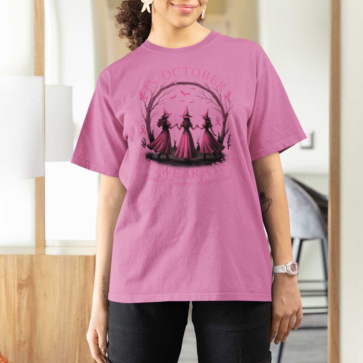In October We Wear Pink Witches T Shirt For Women Spooky Breast Cancer Witch Halloween Pink Ribbon - Wonder Print Shop