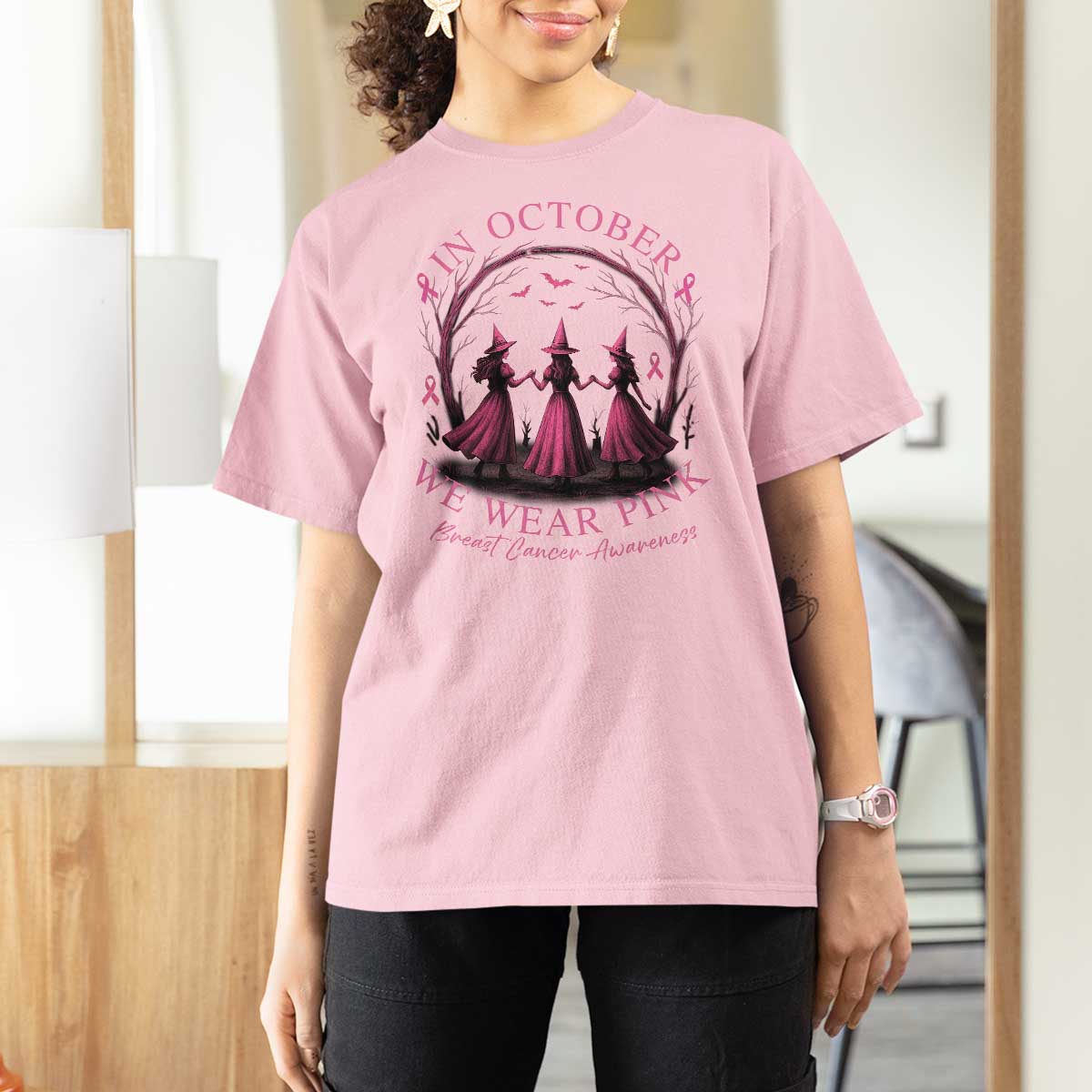 In October We Wear Pink Witches T Shirt For Women Spooky Breast Cancer Witch Halloween Pink Ribbon - Wonder Print Shop