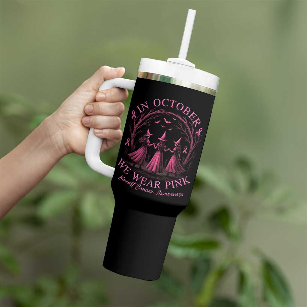 In October We Wear Pink Witches Tumbler With Handle Spooky Breast Cancer Witch Halloween Pink Ribbon - Wonder Print Shop
