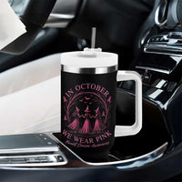 In October We Wear Pink Witches Tumbler With Handle Spooky Breast Cancer Witch Halloween Pink Ribbon - Wonder Print Shop