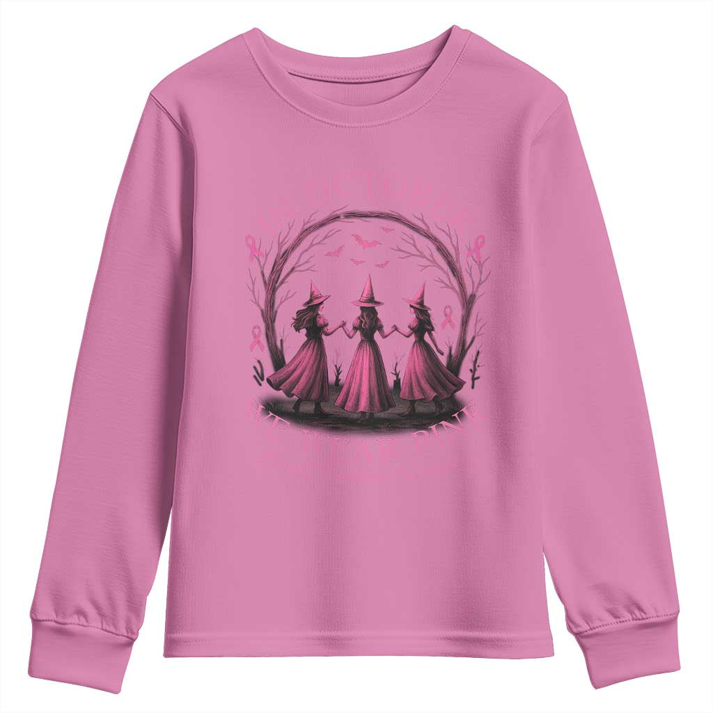 In October We Wear Pink Witches Youth Sweatshirt Spooky Breast Cancer Witch Halloween Pink Ribbon - Wonder Print Shop