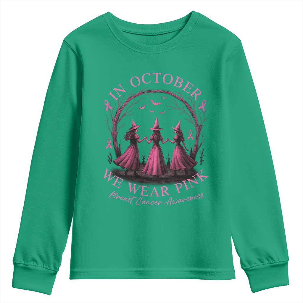In October We Wear Pink Witches Youth Sweatshirt Spooky Breast Cancer Witch Halloween Pink Ribbon - Wonder Print Shop