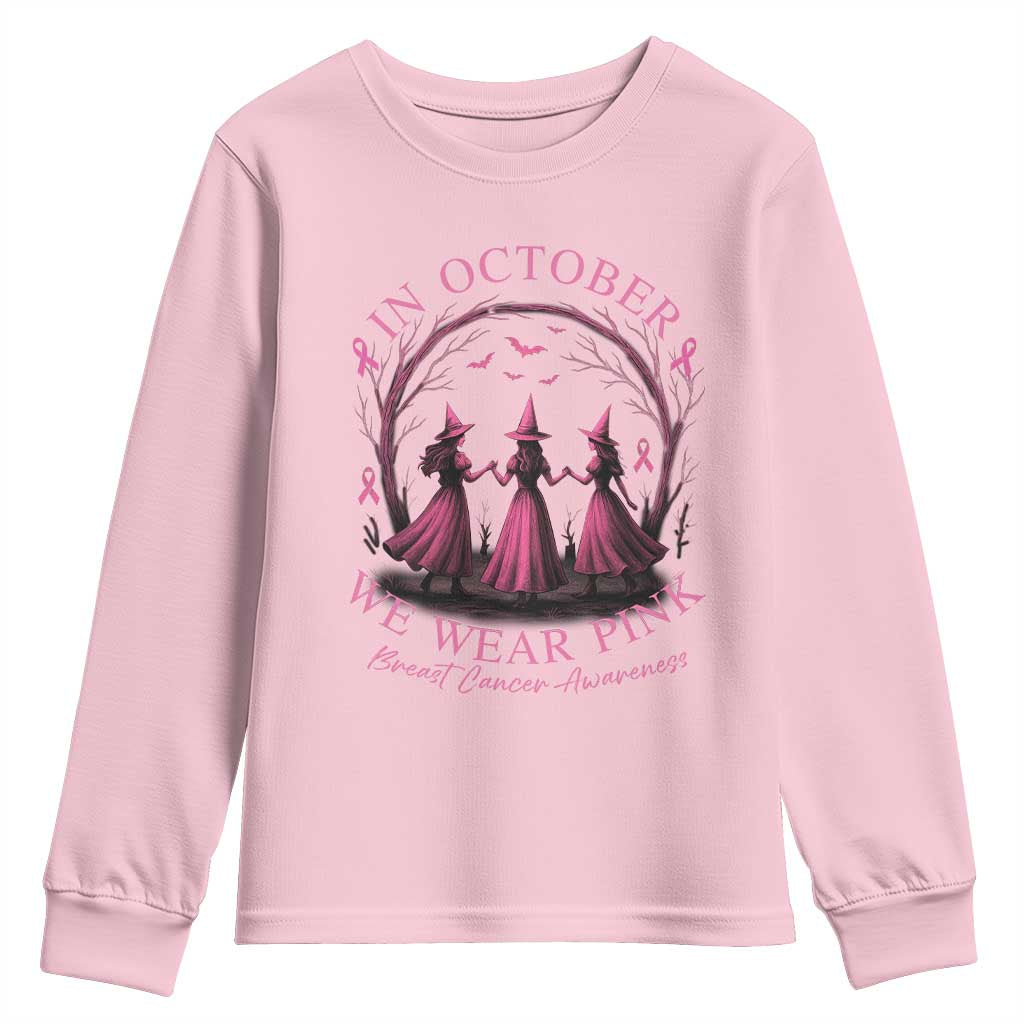 In October We Wear Pink Witches Youth Sweatshirt Spooky Breast Cancer Witch Halloween Pink Ribbon - Wonder Print Shop