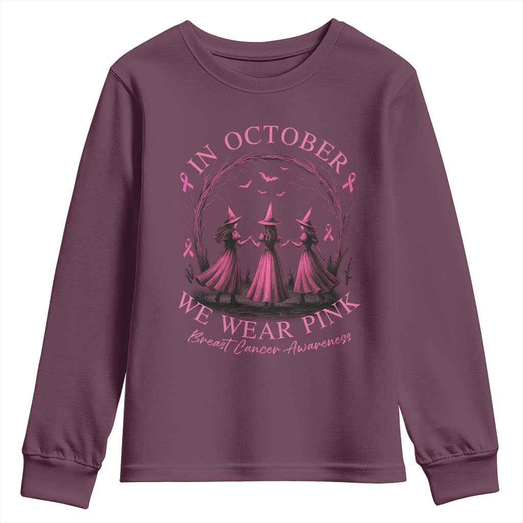 In October We Wear Pink Witches Youth Sweatshirt Spooky Breast Cancer Witch Halloween Pink Ribbon - Wonder Print Shop