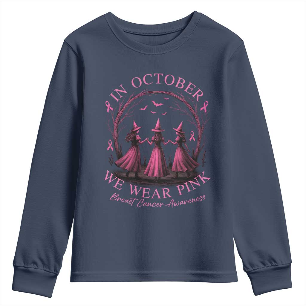 In October We Wear Pink Witches Youth Sweatshirt Spooky Breast Cancer Witch Halloween Pink Ribbon - Wonder Print Shop