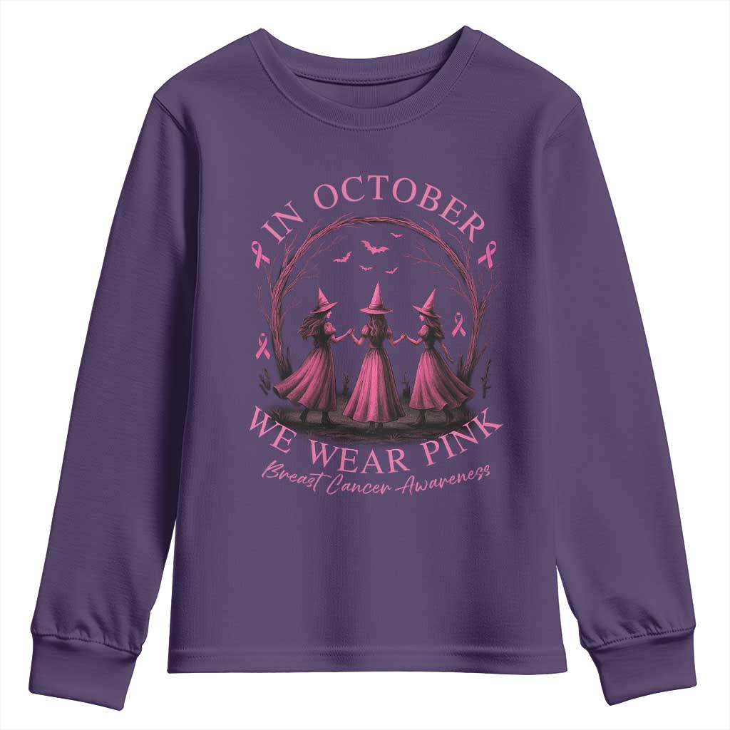 In October We Wear Pink Witches Youth Sweatshirt Spooky Breast Cancer Witch Halloween Pink Ribbon - Wonder Print Shop