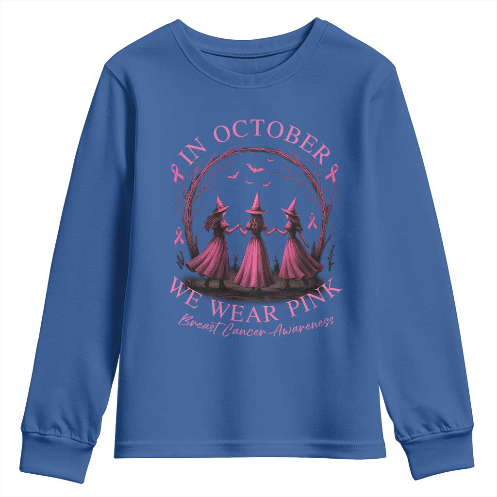 In October We Wear Pink Witches Youth Sweatshirt Spooky Breast Cancer Witch Halloween Pink Ribbon - Wonder Print Shop