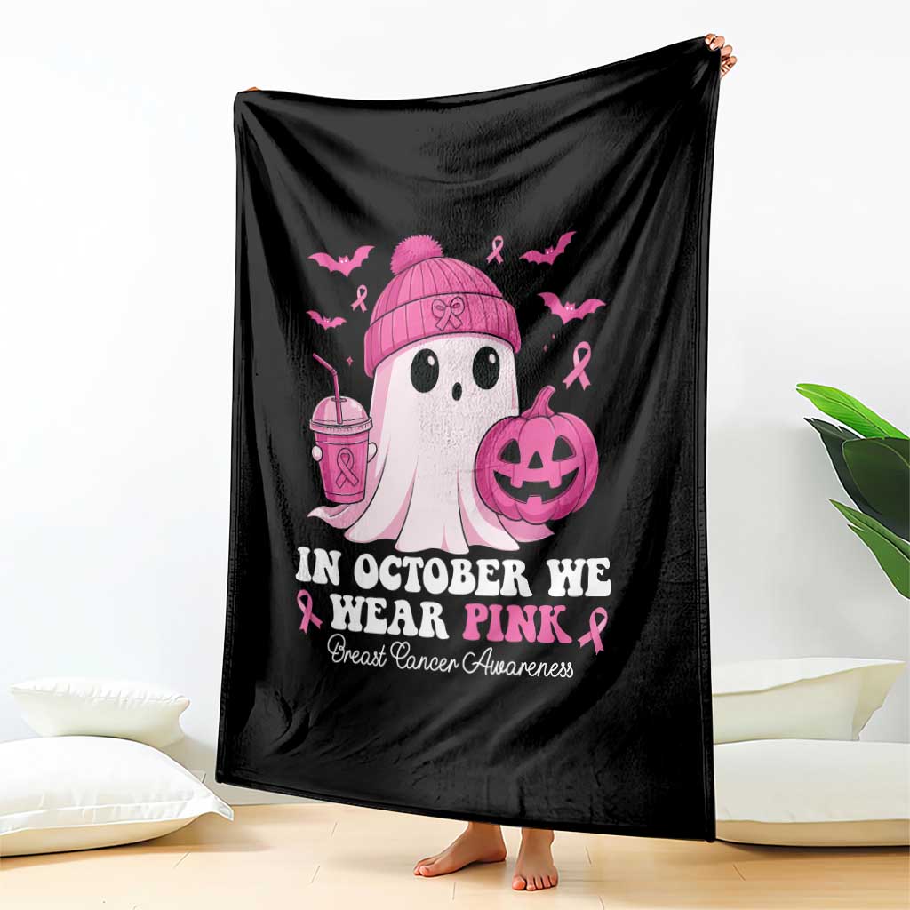 In October We Wear Pink Ghost Throw Blanket Halloween Breast Cancer Pink Ribbon Pumpkin - Wonder Print Shop