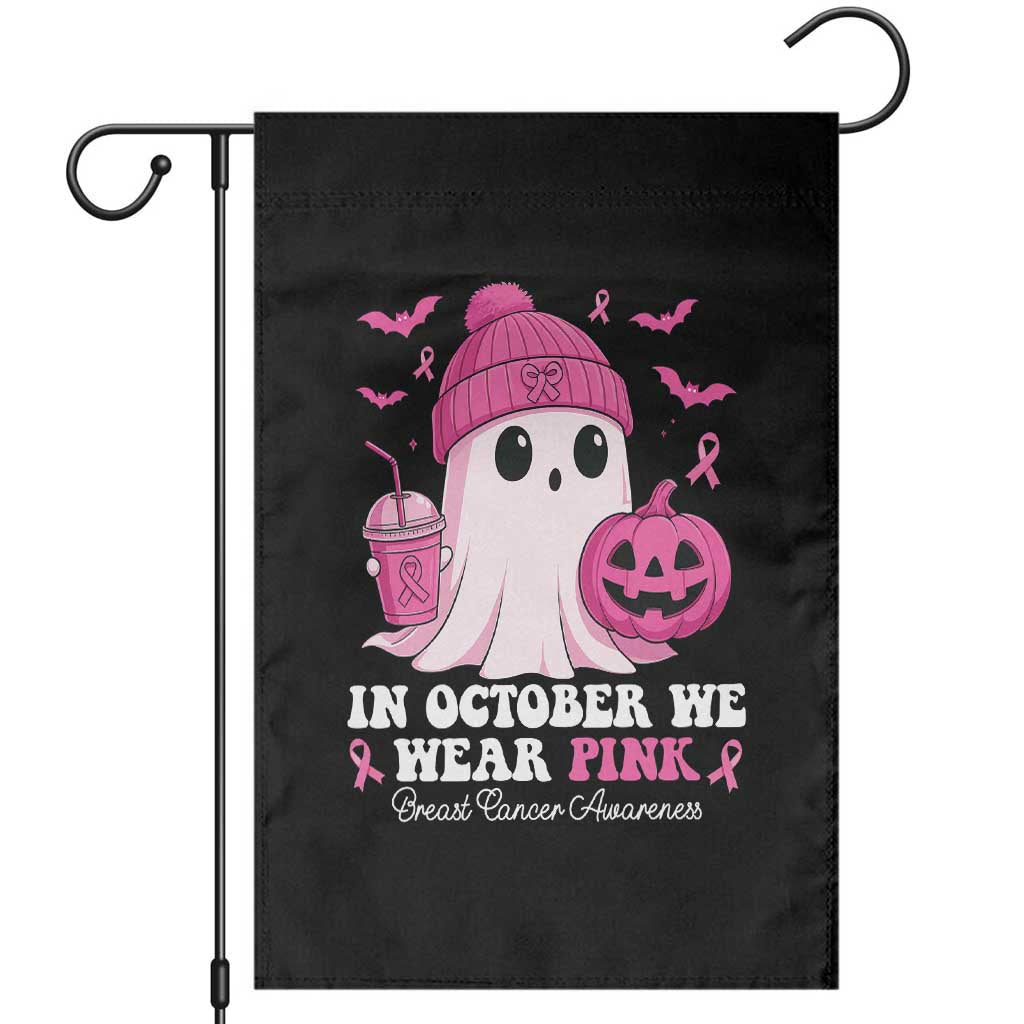 In October We Wear Pink Ghost Garden Flag Halloween Breast Cancer Pink Ribbon Pumpkin - Wonder Print Shop