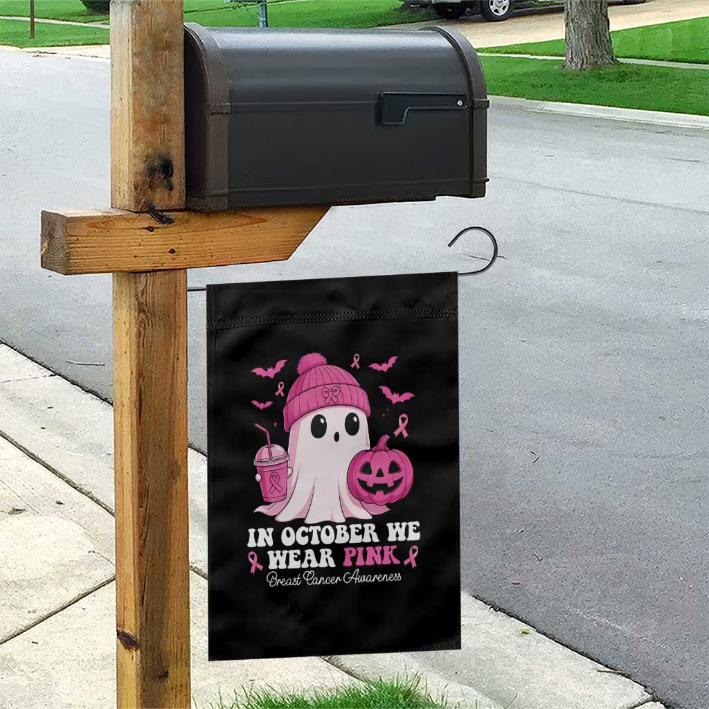 In October We Wear Pink Ghost Garden Flag Halloween Breast Cancer Pink Ribbon Pumpkin - Wonder Print Shop