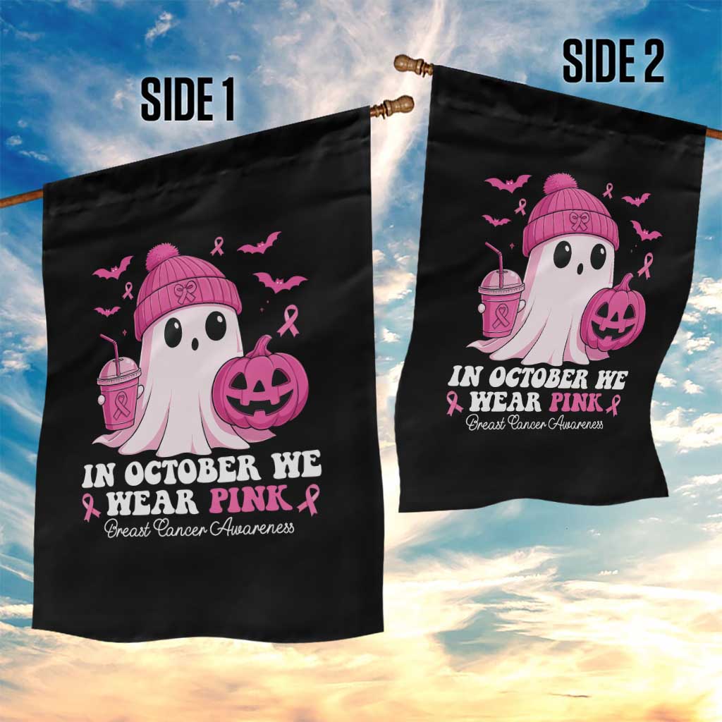 In October We Wear Pink Ghost Garden Flag Halloween Breast Cancer Pink Ribbon Pumpkin - Wonder Print Shop