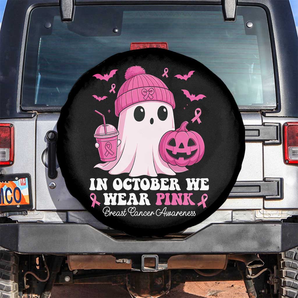 In October We Wear Pink Ghost Spare Tire Cover Halloween Breast Cancer Pink Ribbon Pumpkin - Wonder Print Shop