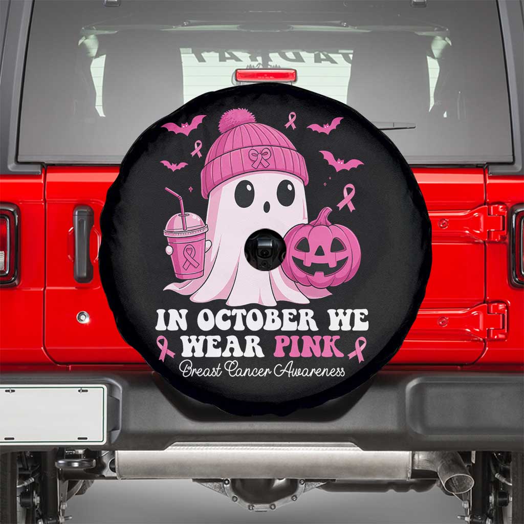 In October We Wear Pink Ghost Spare Tire Cover Halloween Breast Cancer Pink Ribbon Pumpkin - Wonder Print Shop