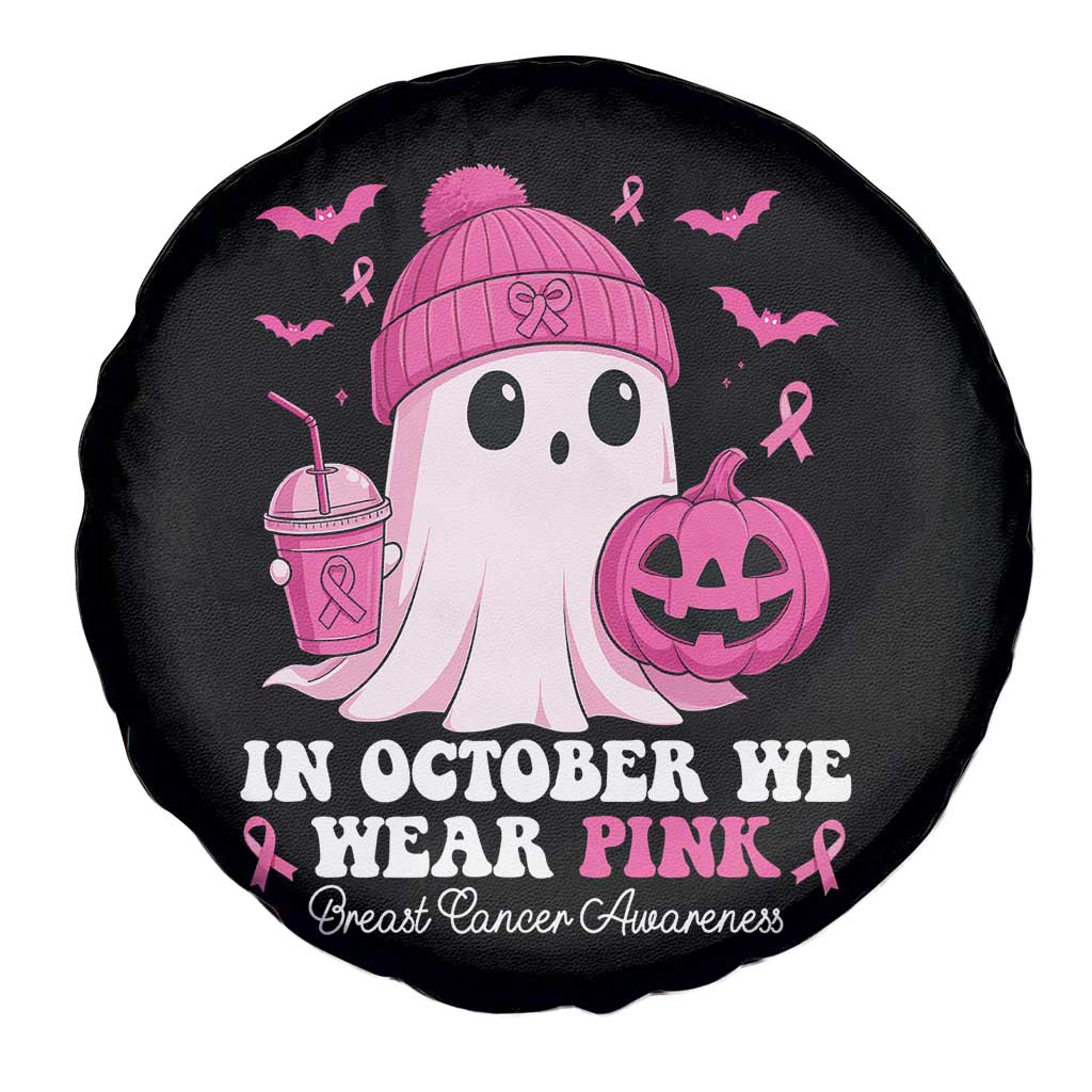 In October We Wear Pink Ghost Spare Tire Cover Halloween Breast Cancer Pink Ribbon Pumpkin - Wonder Print Shop