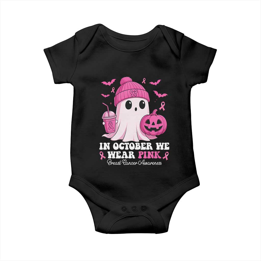In October We Wear Pink Ghost Baby Onesie Halloween Breast Cancer Pink Ribbon Pumpkin - Wonder Print Shop
