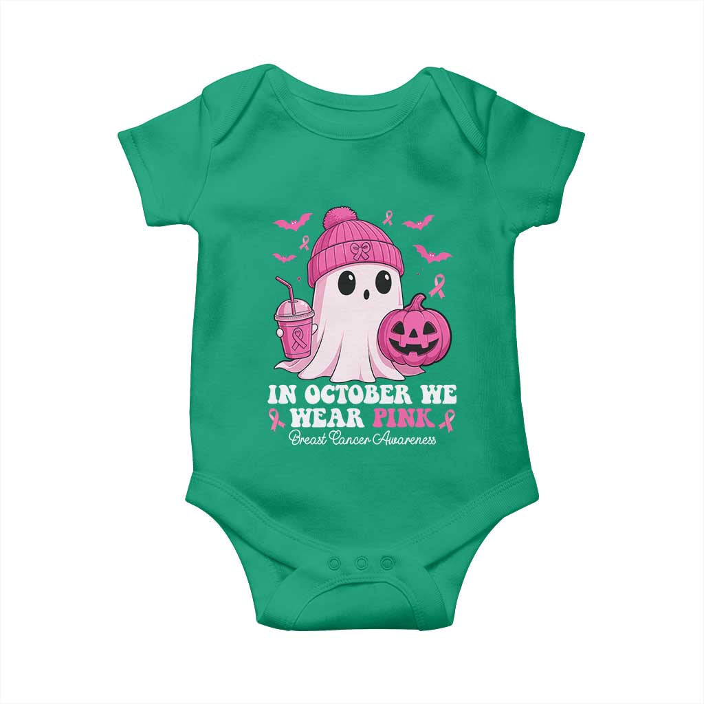 In October We Wear Pink Ghost Baby Onesie Halloween Breast Cancer Pink Ribbon Pumpkin - Wonder Print Shop
