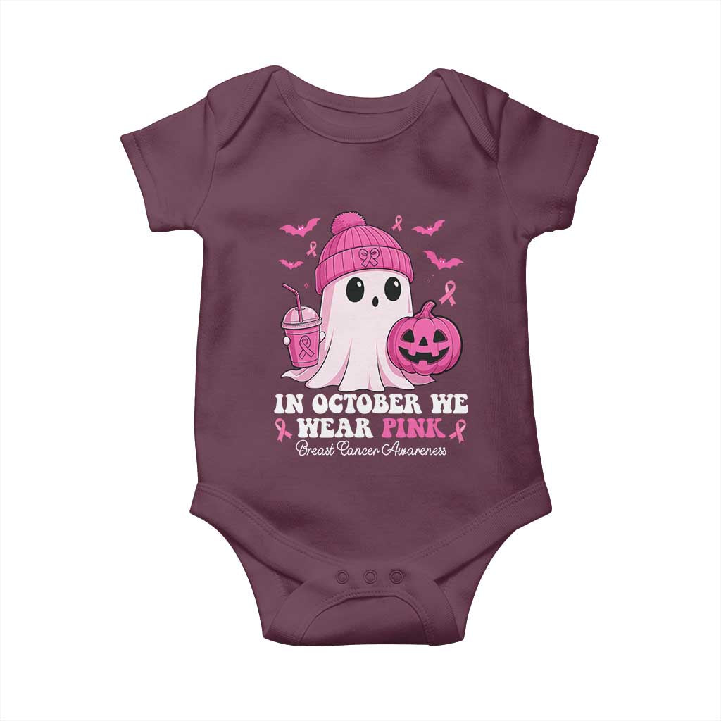 In October We Wear Pink Ghost Baby Onesie Halloween Breast Cancer Pink Ribbon Pumpkin - Wonder Print Shop