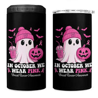 In October We Wear Pink Ghost 4 in 1 Can Cooler Tumbler Halloween Breast Cancer Pink Ribbon Pumpkin - Wonder Print Shop