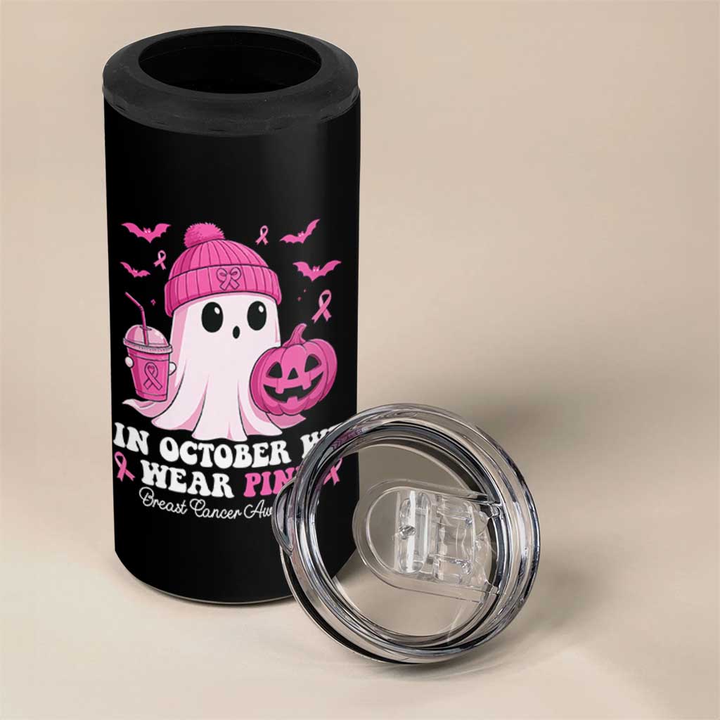 In October We Wear Pink Ghost 4 in 1 Can Cooler Tumbler Halloween Breast Cancer Pink Ribbon Pumpkin - Wonder Print Shop