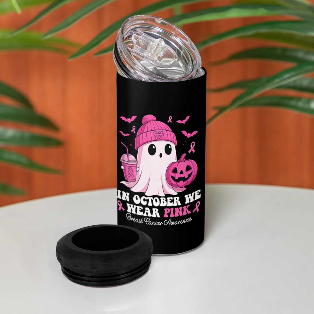 In October We Wear Pink Ghost 4 in 1 Can Cooler Tumbler Halloween Breast Cancer Pink Ribbon Pumpkin - Wonder Print Shop