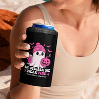 In October We Wear Pink Ghost 4 in 1 Can Cooler Tumbler Halloween Breast Cancer Pink Ribbon Pumpkin - Wonder Print Shop