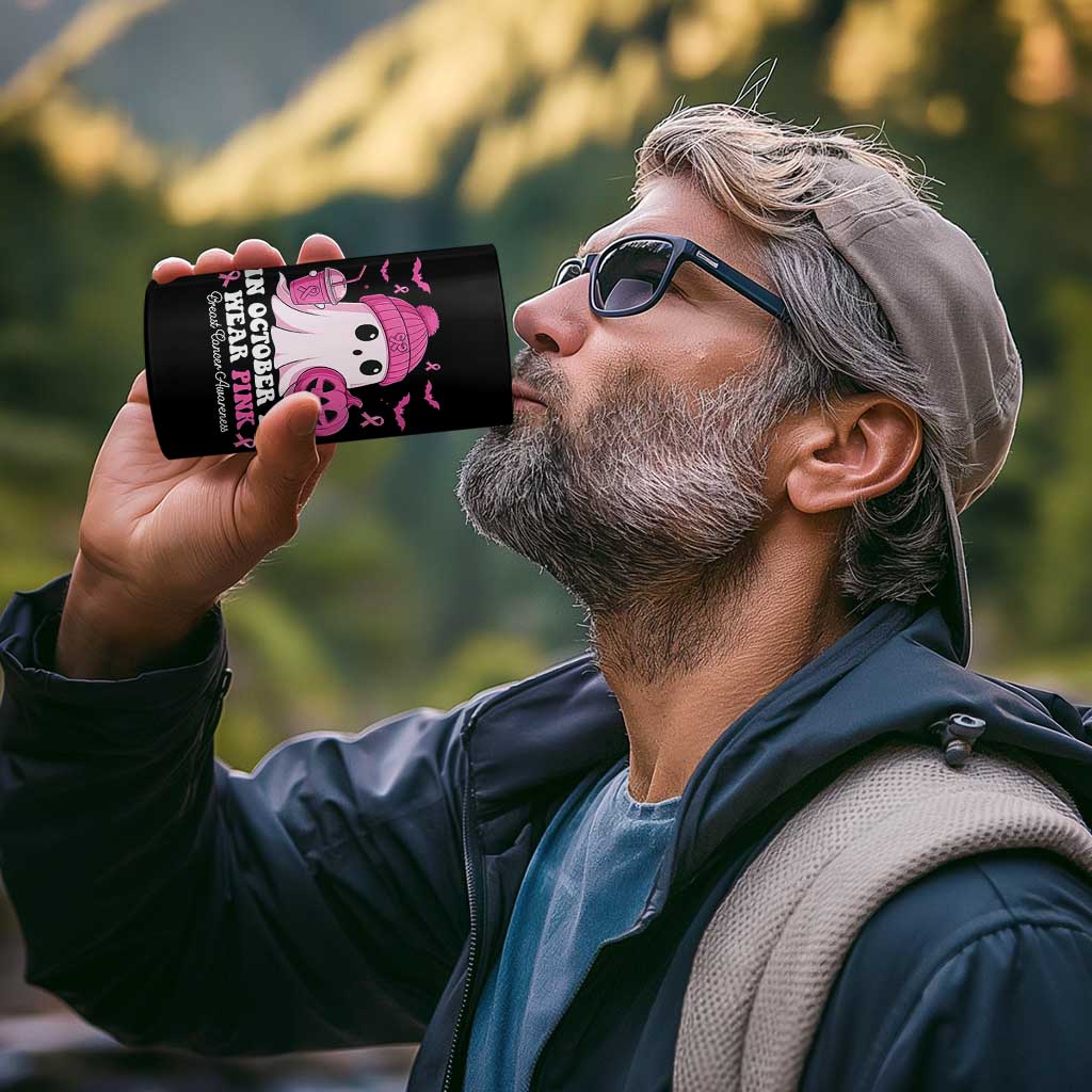 In October We Wear Pink Ghost 4 in 1 Can Cooler Tumbler Halloween Breast Cancer Pink Ribbon Pumpkin - Wonder Print Shop
