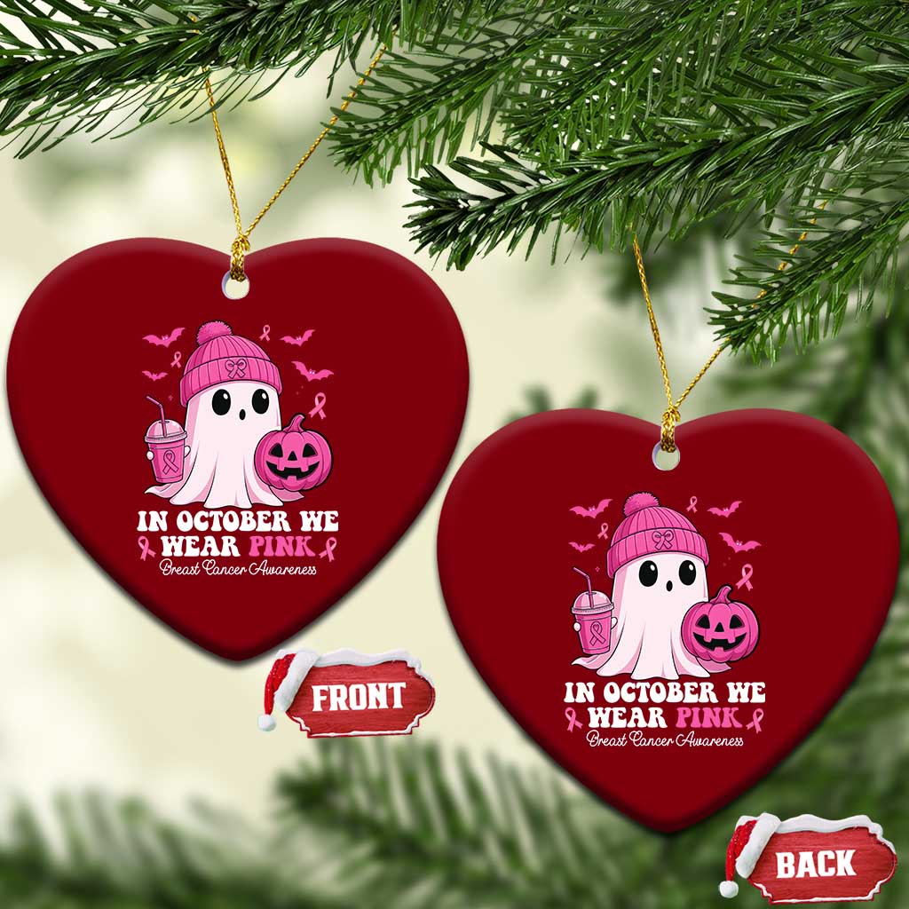 In October We Wear Pink Ghost Ceramic Ornament Halloween Breast Cancer Pink Ribbon Pumpkin - Wonder Print Shop