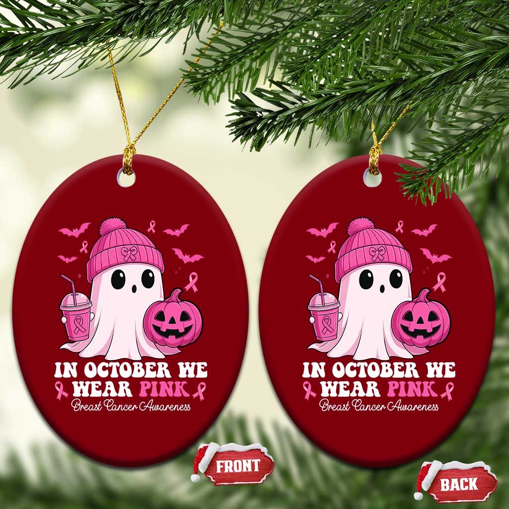 In October We Wear Pink Ghost Ceramic Ornament Halloween Breast Cancer Pink Ribbon Pumpkin - Wonder Print Shop