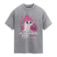 In October We Wear Pink Ghost Washed Cotton T-Shirt Halloween Breast Cancer Pink Ribbon Pumpkin