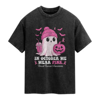 In October We Wear Pink Ghost Washed Cotton T-Shirt Halloween Breast Cancer Pink Ribbon Pumpkin