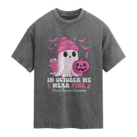 In October We Wear Pink Ghost Washed Cotton T-Shirt Halloween Breast Cancer Pink Ribbon Pumpkin