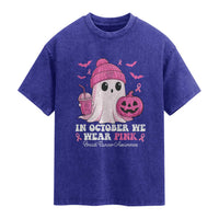In October We Wear Pink Ghost Washed Cotton T-Shirt Halloween Breast Cancer Pink Ribbon Pumpkin
