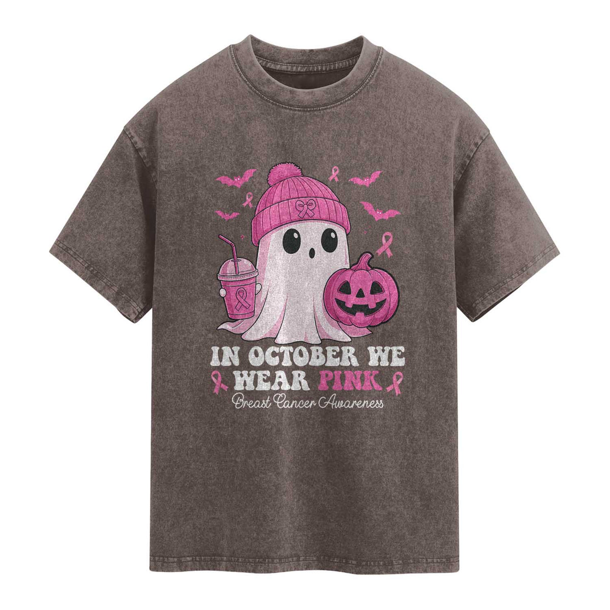 In October We Wear Pink Ghost Washed Cotton T-Shirt Halloween Breast Cancer Pink Ribbon Pumpkin