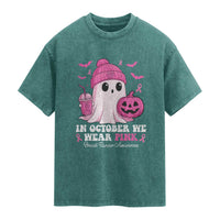 In October We Wear Pink Ghost Washed Cotton T-Shirt Halloween Breast Cancer Pink Ribbon Pumpkin