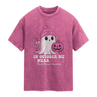 In October We Wear Pink Ghost Washed Cotton T-Shirt Halloween Breast Cancer Pink Ribbon Pumpkin