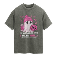 In October We Wear Pink Ghost Washed Cotton T-Shirt Halloween Breast Cancer Pink Ribbon Pumpkin