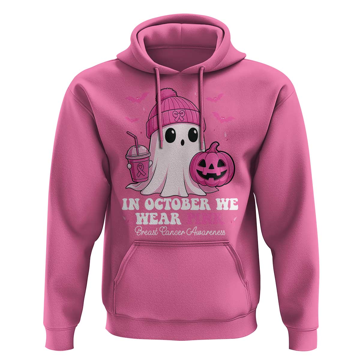 In October We Wear Pink Ghost Hoodie Halloween Breast Cancer Pink Ribbon Pumpkin - Wonder Print Shop